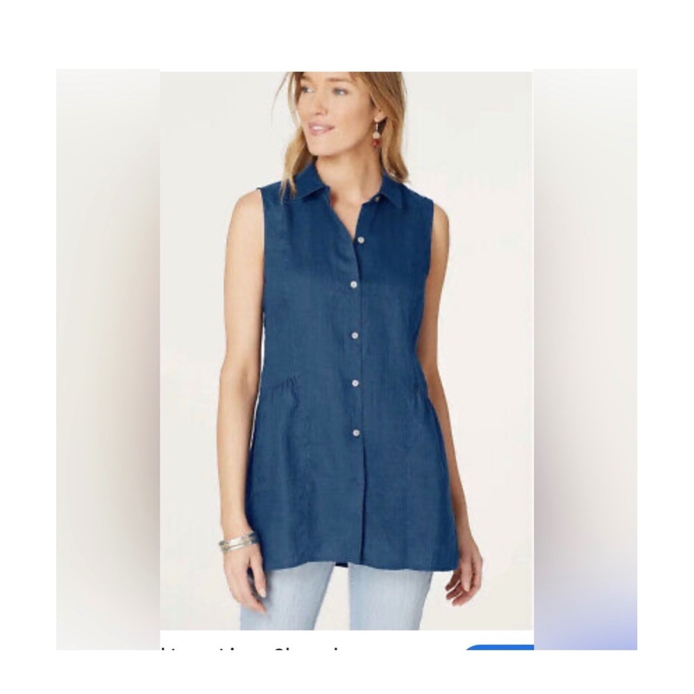 J. Jill Tunic Women L Blue Love Linen Sleeveless Button Down Longline Top